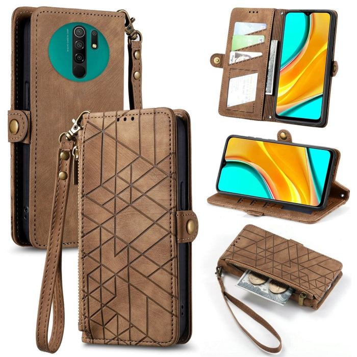 Estuche de teléfono de cuero con hebilla lateral de billetera con cremallera geométrica, For Xiaomi Redmi K40, For Xiaomi Redmi Note 9 4G, For Xiaomi Redmi 9A, For Xiaomi Redmi 9, For Xiaomi Redmi 9C, For Xiaomi Redmi Note 9, For Xiaomi Redmi K30 Pro  ...
