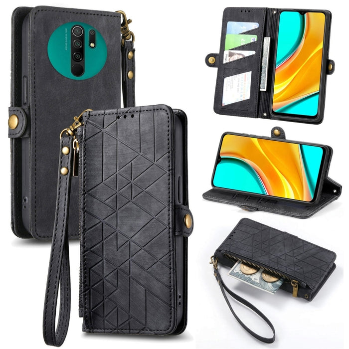 Estuche de teléfono de cuero con hebilla lateral de billetera con cremallera geométrica, For Xiaomi Redmi K40, For Xiaomi Redmi Note 9 4G, For Xiaomi Redmi 9A, For Xiaomi Redmi 9, For Xiaomi Redmi 9C, For Xiaomi Redmi Note 9, For Xiaomi Redmi K30 Pro  ...