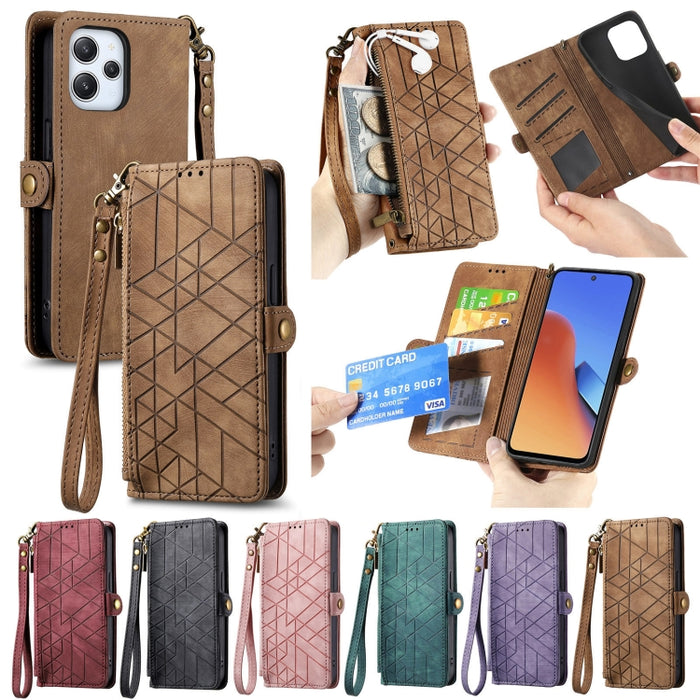 Estuche de teléfono de cuero con hebilla lateral de billetera con cremallera geométrica, For Xiaomi Redmi K40, For Xiaomi Redmi Note 9 4G, For Xiaomi Redmi 9A, For Xiaomi Redmi 9, For Xiaomi Redmi 9C, For Xiaomi Redmi Note 9, For Xiaomi Redmi K30 Pro  ...