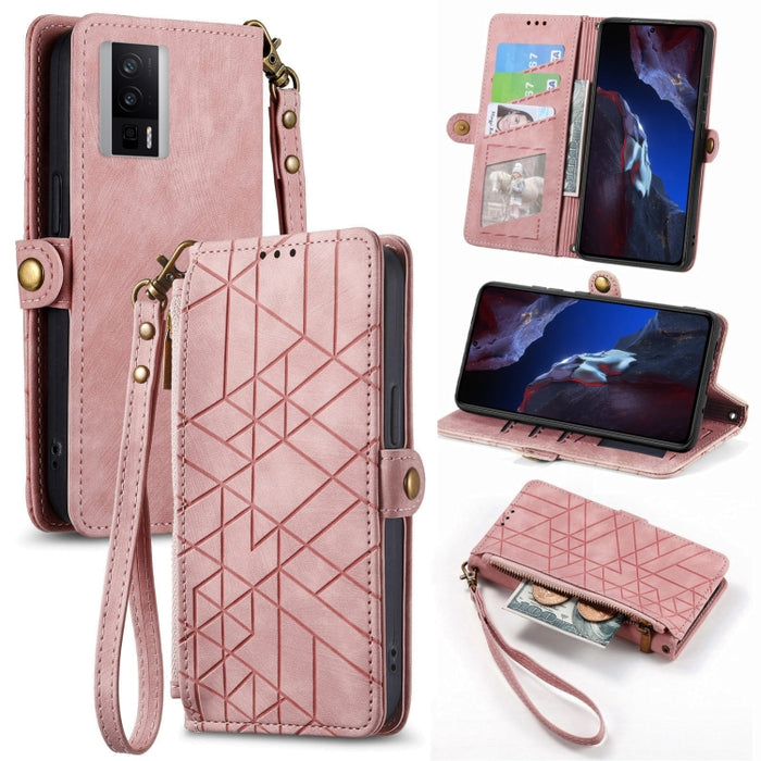 Estuche de teléfono de cuero con hebilla lateral de billetera con cremallera geométrica, For Redmi Note 13 Pro 4G, For Redmi Note 13 4G, For Redmi Note 13 5G Global, For Redmi Note 13 Pro 5G Global, For Xiaomi F5 5G, For Xiaomi F5 Pro 5G               ...
