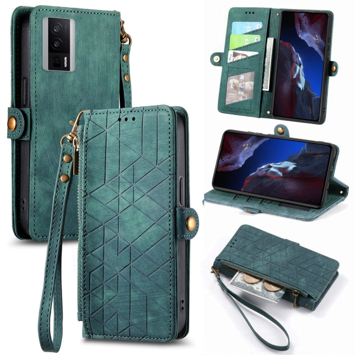 Estuche de teléfono de cuero con hebilla lateral de billetera con cremallera geométrica, For Redmi Note 13 Pro 4G, For Redmi Note 13 4G, For Redmi Note 13 5G Global, For Redmi Note 13 Pro 5G Global, For Xiaomi F5 5G, For Xiaomi F5 Pro 5G               ...