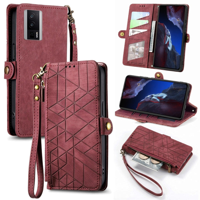 Estuche de teléfono de cuero con hebilla lateral de billetera con cremallera geométrica, For Redmi Note 13 Pro 4G, For Redmi Note 13 4G, For Redmi Note 13 5G Global, For Redmi Note 13 Pro 5G Global, For Xiaomi F5 5G, For Xiaomi F5 Pro 5G               ...