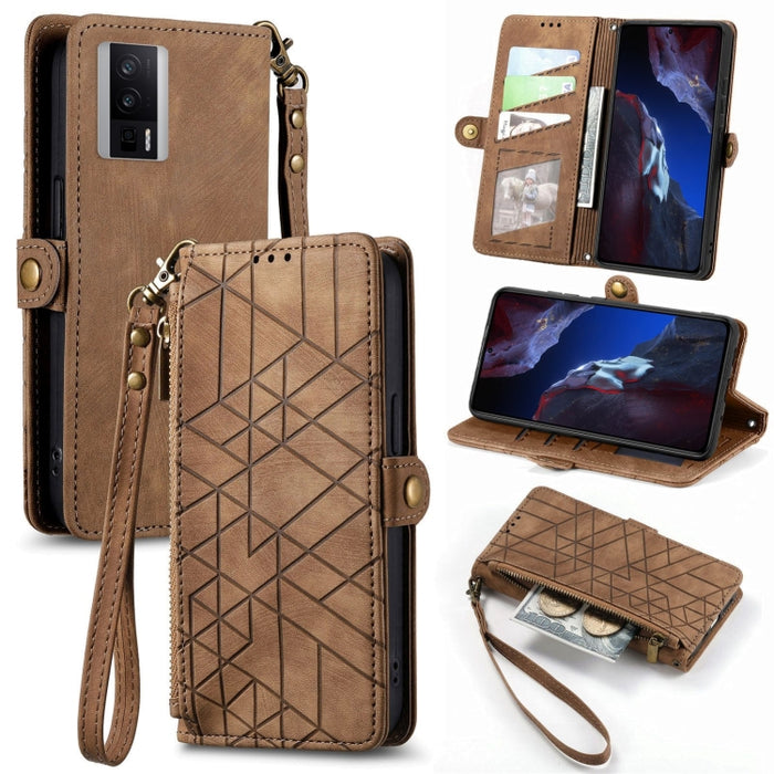 Estuche de teléfono de cuero con hebilla lateral de billetera con cremallera geométrica, For Redmi Note 13 Pro 4G, For Redmi Note 13 4G, For Redmi Note 13 5G Global, For Redmi Note 13 Pro 5G Global, For Xiaomi F5 5G, For Xiaomi F5 Pro 5G               ...