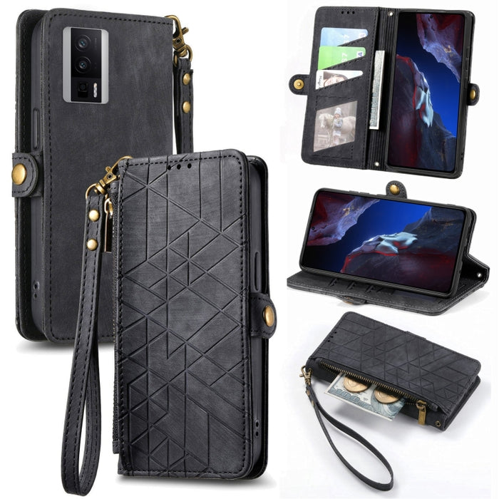 Estuche de teléfono de cuero con hebilla lateral de billetera con cremallera geométrica, For Redmi Note 13 Pro 4G, For Redmi Note 13 4G, For Redmi Note 13 5G Global, For Redmi Note 13 Pro 5G Global, For Xiaomi F5 5G, For Xiaomi F5 Pro 5G               ...