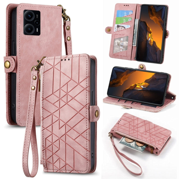 Estuche de teléfono de cuero con hebilla lateral de billetera con cremallera geométrica, For Redmi Note 13 Pro 4G, For Redmi Note 13 4G, For Redmi Note 13 5G Global, For Redmi Note 13 Pro 5G Global, For Xiaomi F5 5G, For Xiaomi F5 Pro 5G               ...