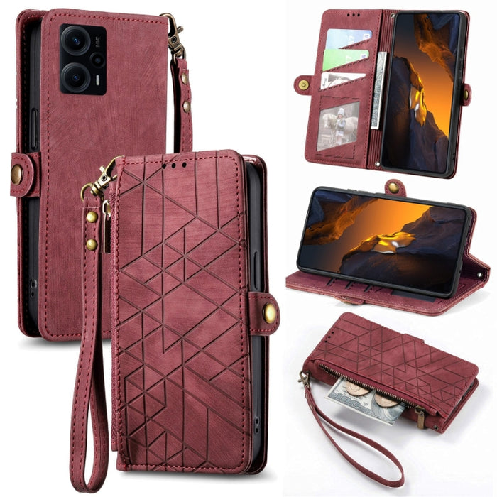 Estuche de teléfono de cuero con hebilla lateral de billetera con cremallera geométrica, For Redmi Note 13 Pro 4G, For Redmi Note 13 4G, For Redmi Note 13 5G Global, For Redmi Note 13 Pro 5G Global, For Xiaomi F5 5G, For Xiaomi F5 Pro 5G               ...