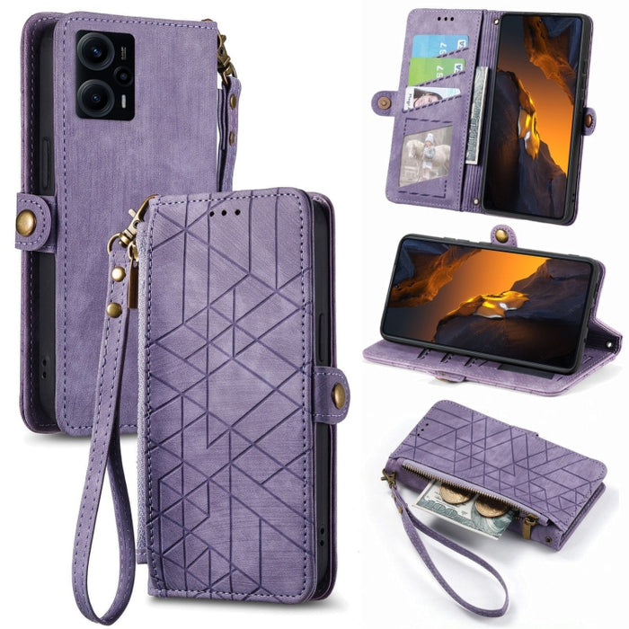 Estuche de teléfono de cuero con hebilla lateral de billetera con cremallera geométrica, For Redmi Note 13 Pro 4G, For Redmi Note 13 4G, For Redmi Note 13 5G Global, For Redmi Note 13 Pro 5G Global, For Xiaomi F5 5G, For Xiaomi F5 Pro 5G               ...