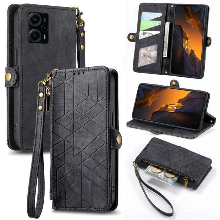 Estuche de teléfono de cuero con hebilla lateral de billetera con cremallera geométrica, For Redmi Note 13 Pro 4G, For Redmi Note 13 4G, For Redmi Note 13 5G Global, For Redmi Note 13 Pro 5G Global, For Xiaomi F5 5G, For Xiaomi F5 Pro 5G               ...