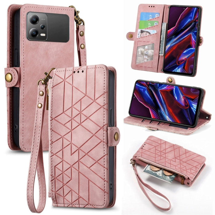 Estuche de teléfono de cuero con hebilla lateral de billetera con cremallera geométrica, For Redmi Note 13 Pro 4G, For Redmi Note 13 4G, For Redmi Note 13 5G Global, For Redmi Note 13 Pro 5G Global, For Xiaomi F5 5G, For Xiaomi F5 Pro 5G               ...