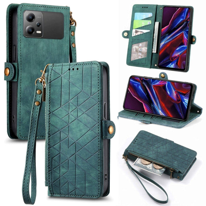 Estuche de teléfono de cuero con hebilla lateral de billetera con cremallera geométrica, For Redmi Note 13 Pro 4G, For Redmi Note 13 4G, For Redmi Note 13 5G Global, For Redmi Note 13 Pro 5G Global, For Xiaomi F5 5G, For Xiaomi F5 Pro 5G               ...