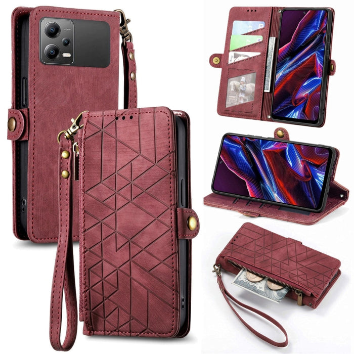 Estuche de teléfono de cuero con hebilla lateral de billetera con cremallera geométrica, For Redmi Note 13 Pro 4G, For Redmi Note 13 4G, For Redmi Note 13 5G Global, For Redmi Note 13 Pro 5G Global, For Xiaomi F5 5G, For Xiaomi F5 Pro 5G               ...