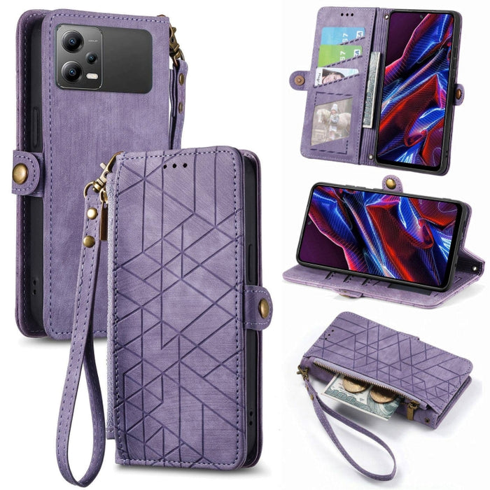 Estuche de teléfono de cuero con hebilla lateral de billetera con cremallera geométrica, For Redmi Note 13 Pro 4G, For Redmi Note 13 4G, For Redmi Note 13 5G Global, For Redmi Note 13 Pro 5G Global, For Xiaomi F5 5G, For Xiaomi F5 Pro 5G               ...