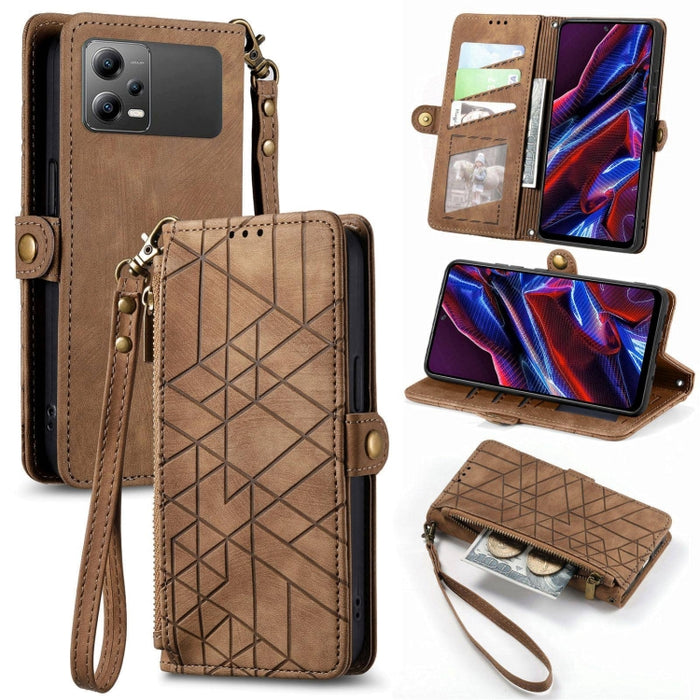 Estuche de teléfono de cuero con hebilla lateral de billetera con cremallera geométrica, For Redmi Note 13 Pro 4G, For Redmi Note 13 4G, For Redmi Note 13 5G Global, For Redmi Note 13 Pro 5G Global, For Xiaomi F5 5G, For Xiaomi F5 Pro 5G               ...