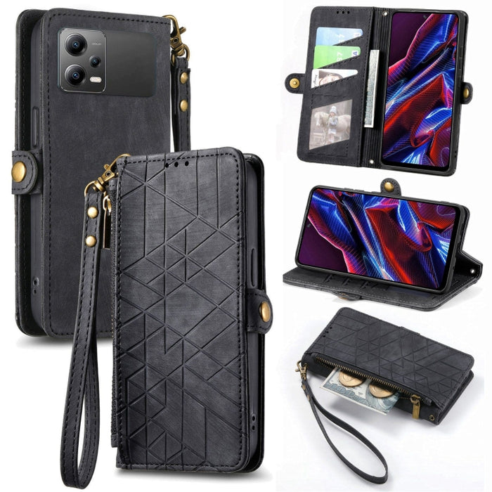 Estuche de teléfono de cuero con hebilla lateral de billetera con cremallera geométrica, For Redmi Note 13 Pro 4G, For Redmi Note 13 4G, For Redmi Note 13 5G Global, For Redmi Note 13 Pro 5G Global, For Xiaomi F5 5G, For Xiaomi F5 Pro 5G               ...