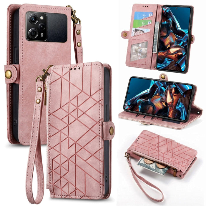 Estuche de teléfono de cuero con hebilla lateral de billetera con cremallera geométrica, For Redmi Note 13 Pro 4G, For Redmi Note 13 4G, For Redmi Note 13 5G Global, For Redmi Note 13 Pro 5G Global, For Xiaomi F5 5G, For Xiaomi F5 Pro 5G               ...