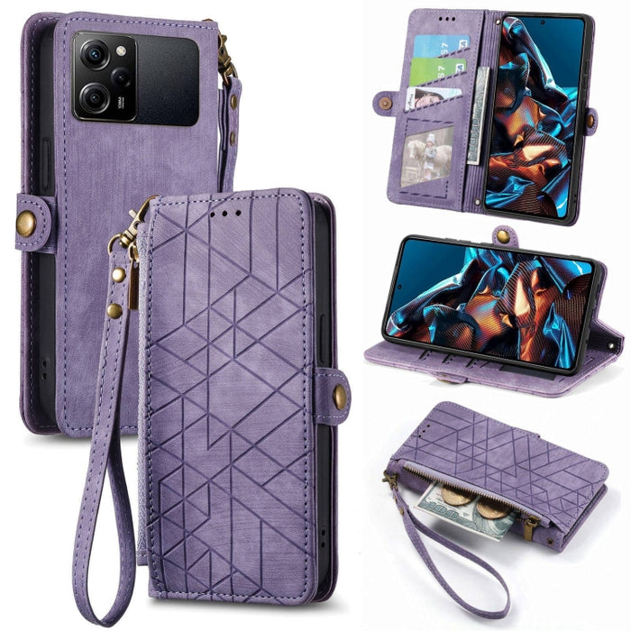 Estuche de teléfono de cuero con hebilla lateral de billetera con cremallera geométrica, For Redmi Note 13 Pro 4G, For Redmi Note 13 4G, For Redmi Note 13 5G Global, For Redmi Note 13 Pro 5G Global, For Xiaomi F5 5G, For Xiaomi F5 Pro 5G               ...