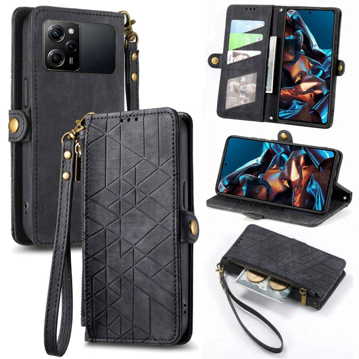 Estuche de teléfono de cuero con hebilla lateral de billetera con cremallera geométrica, For Redmi Note 13 Pro 4G, For Redmi Note 13 4G, For Redmi Note 13 5G Global, For Redmi Note 13 Pro 5G Global, For Xiaomi F5 5G, For Xiaomi F5 Pro 5G               ...