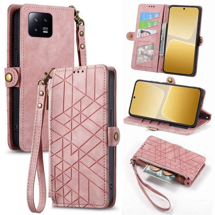 Estuche de teléfono de cuero con hebilla lateral de billetera con cremallera geométrica, For Redmi Note 13 Pro 4G, For Redmi Note 13 4G, For Redmi Note 13 5G Global, For Redmi Note 13 Pro 5G Global, For Xiaomi F5 5G, For Xiaomi F5 Pro 5G               ...