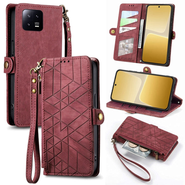 Estuche de teléfono de cuero con hebilla lateral de billetera con cremallera geométrica, For Redmi Note 13 Pro 4G, For Redmi Note 13 4G, For Redmi Note 13 5G Global, For Redmi Note 13 Pro 5G Global, For Xiaomi F5 5G, For Xiaomi F5 Pro 5G               ...