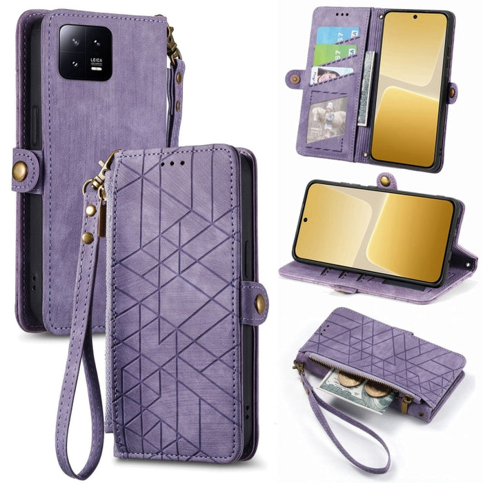 Estuche de teléfono de cuero con hebilla lateral de billetera con cremallera geométrica, For Redmi Note 13 Pro 4G, For Redmi Note 13 4G, For Redmi Note 13 5G Global, For Redmi Note 13 Pro 5G Global, For Xiaomi F5 5G, For Xiaomi F5 Pro 5G               ...