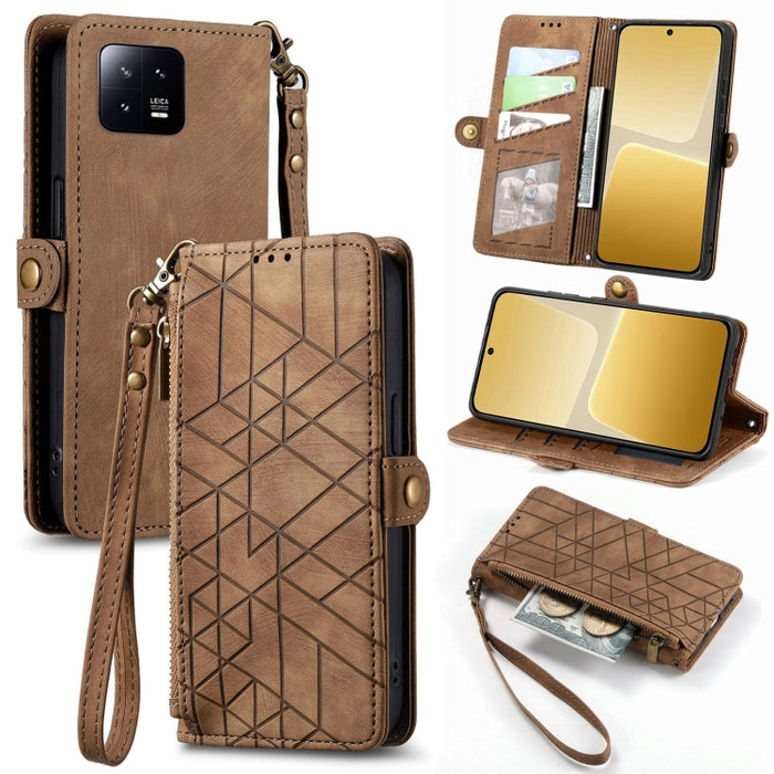 Estuche de teléfono de cuero con hebilla lateral de billetera con cremallera geométrica, For Redmi Note 13 Pro 4G, For Redmi Note 13 4G, For Redmi Note 13 5G Global, For Redmi Note 13 Pro 5G Global, For Xiaomi F5 5G, For Xiaomi F5 Pro 5G               ...