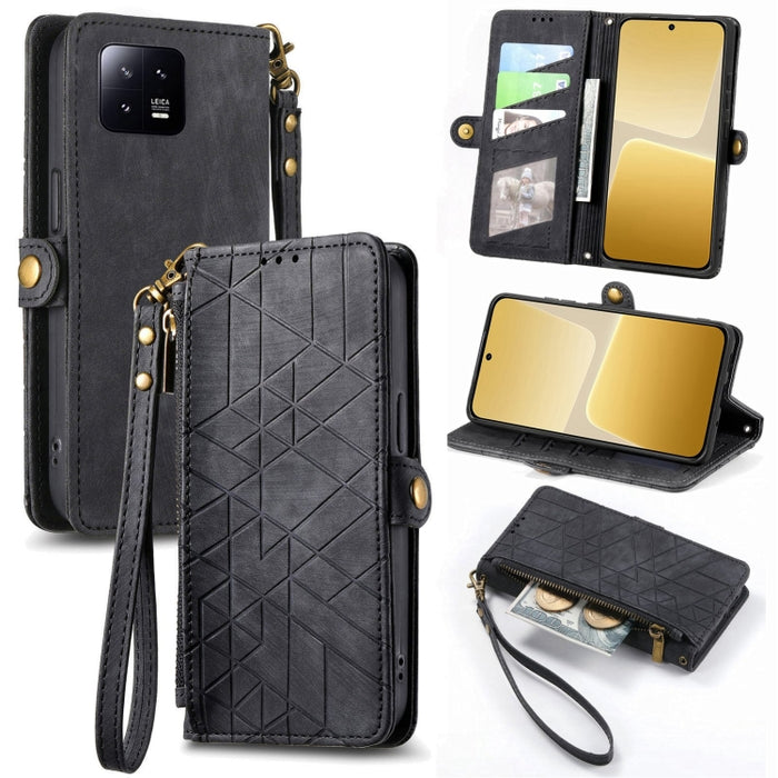 Estuche de teléfono de cuero con hebilla lateral de billetera con cremallera geométrica, For Redmi Note 13 Pro 4G, For Redmi Note 13 4G, For Redmi Note 13 5G Global, For Redmi Note 13 Pro 5G Global, For Xiaomi F5 5G, For Xiaomi F5 Pro 5G               ...