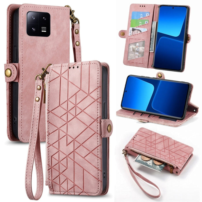Estuche de teléfono de cuero con hebilla lateral de billetera con cremallera geométrica, For Redmi Note 13 Pro 4G, For Redmi Note 13 4G, For Redmi Note 13 5G Global, For Redmi Note 13 Pro 5G Global, For Xiaomi F5 5G, For Xiaomi F5 Pro 5G               ...