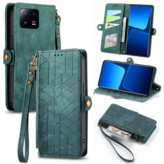 Estuche de teléfono de cuero con hebilla lateral de billetera con cremallera geométrica, For Redmi Note 13 Pro 4G, For Redmi Note 13 4G, For Redmi Note 13 5G Global, For Redmi Note 13 Pro 5G Global, For Xiaomi F5 5G, For Xiaomi F5 Pro 5G               ...
