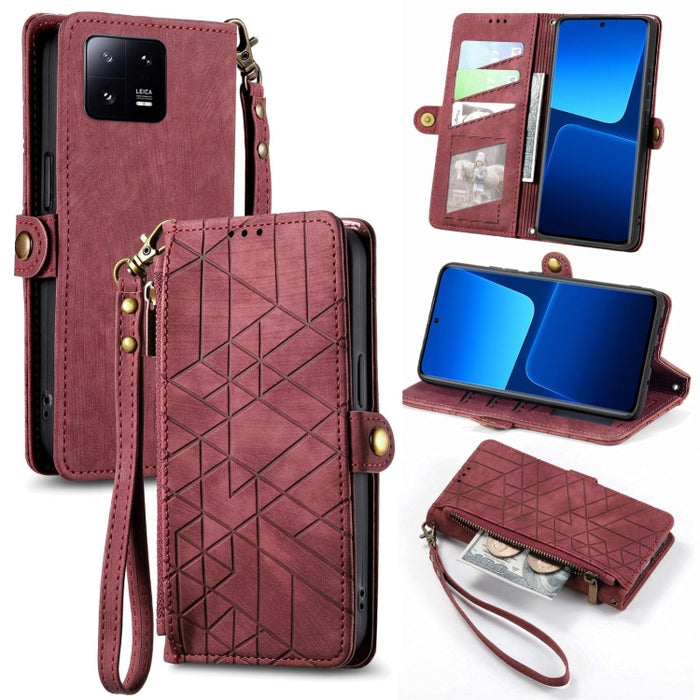 Estuche de teléfono de cuero con hebilla lateral de billetera con cremallera geométrica, For Redmi Note 13 Pro 4G, For Redmi Note 13 4G, For Redmi Note 13 5G Global, For Redmi Note 13 Pro 5G Global, For Xiaomi F5 5G, For Xiaomi F5 Pro 5G               ...