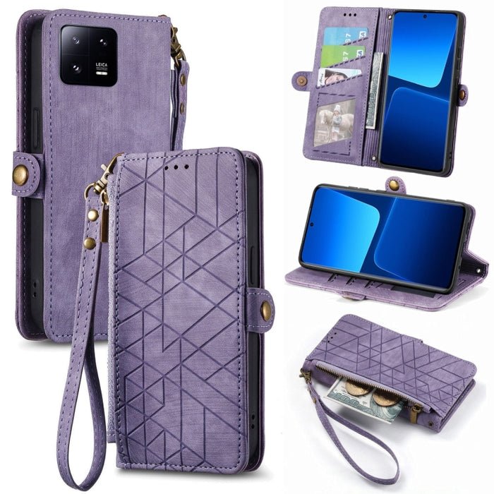 Estuche de teléfono de cuero con hebilla lateral de billetera con cremallera geométrica, For Redmi Note 13 Pro 4G, For Redmi Note 13 4G, For Redmi Note 13 5G Global, For Redmi Note 13 Pro 5G Global, For Xiaomi F5 5G, For Xiaomi F5 Pro 5G               ...