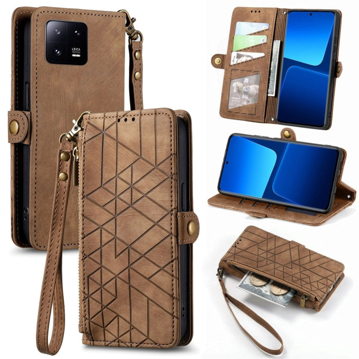 Estuche de teléfono de cuero con hebilla lateral de billetera con cremallera geométrica, For Redmi Note 13 Pro 4G, For Redmi Note 13 4G, For Redmi Note 13 5G Global, For Redmi Note 13 Pro 5G Global, For Xiaomi F5 5G, For Xiaomi F5 Pro 5G               ...
