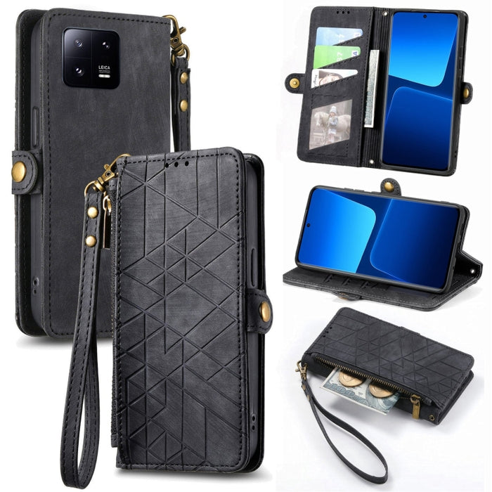 Estuche de teléfono de cuero con hebilla lateral de billetera con cremallera geométrica, For Redmi Note 13 Pro 4G, For Redmi Note 13 4G, For Redmi Note 13 5G Global, For Redmi Note 13 Pro 5G Global, For Xiaomi F5 5G, For Xiaomi F5 Pro 5G               ...