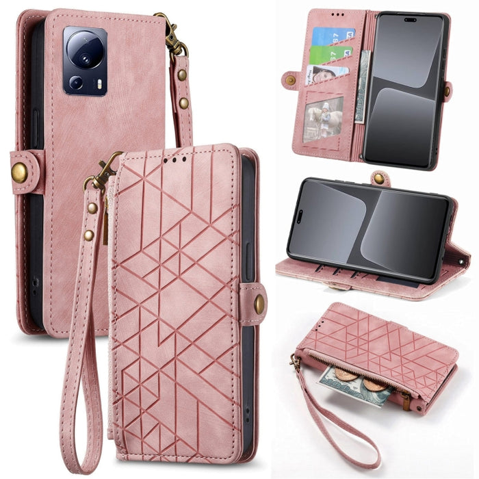 Estuche de teléfono de cuero con hebilla lateral de billetera con cremallera geométrica, For Redmi Note 13 Pro 4G, For Redmi Note 13 4G, For Redmi Note 13 5G Global, For Redmi Note 13 Pro 5G Global, For Xiaomi F5 5G, For Xiaomi F5 Pro 5G               ...