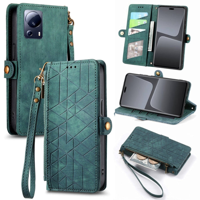 Estuche de teléfono de cuero con hebilla lateral de billetera con cremallera geométrica, For Redmi Note 13 Pro 4G, For Redmi Note 13 4G, For Redmi Note 13 5G Global, For Redmi Note 13 Pro 5G Global, For Xiaomi F5 5G, For Xiaomi F5 Pro 5G               ...