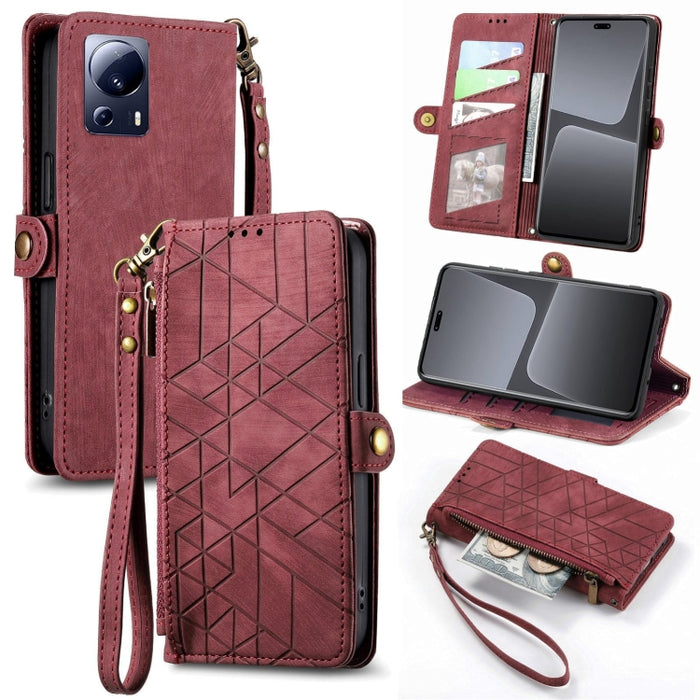 Estuche de teléfono de cuero con hebilla lateral de billetera con cremallera geométrica, For Redmi Note 13 Pro 4G, For Redmi Note 13 4G, For Redmi Note 13 5G Global, For Redmi Note 13 Pro 5G Global, For Xiaomi F5 5G, For Xiaomi F5 Pro 5G               ...