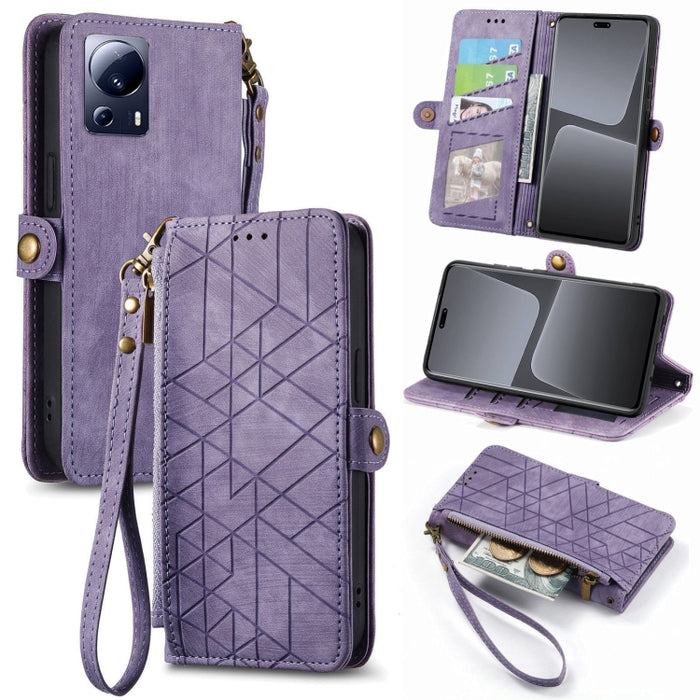 Estuche de teléfono de cuero con hebilla lateral de billetera con cremallera geométrica, For Redmi Note 13 Pro 4G, For Redmi Note 13 4G, For Redmi Note 13 5G Global, For Redmi Note 13 Pro 5G Global, For Xiaomi F5 5G, For Xiaomi F5 Pro 5G               ...