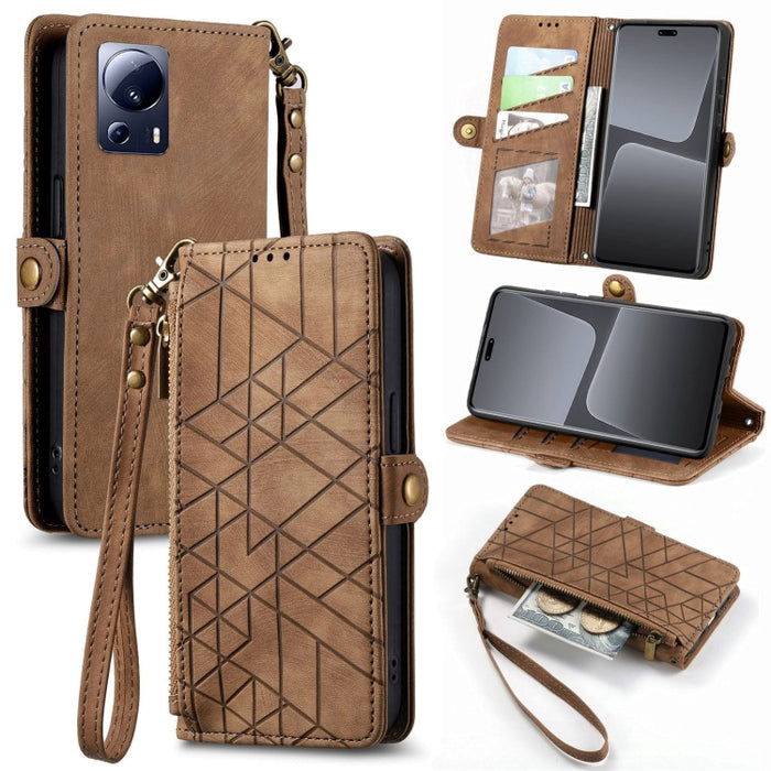 Estuche de teléfono de cuero con hebilla lateral de billetera con cremallera geométrica, For Redmi Note 13 Pro 4G, For Redmi Note 13 4G, For Redmi Note 13 5G Global, For Redmi Note 13 Pro 5G Global, For Xiaomi F5 5G, For Xiaomi F5 Pro 5G               ...