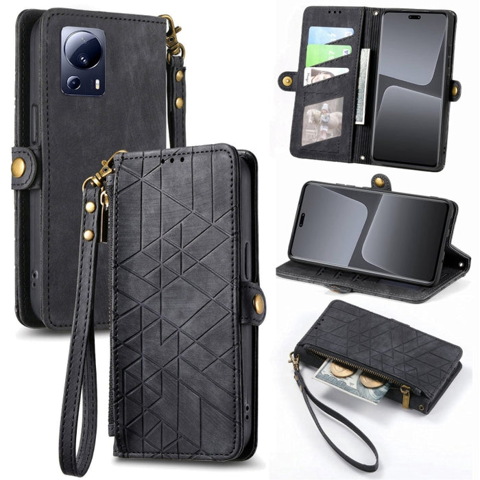 Estuche de teléfono de cuero con hebilla lateral de billetera con cremallera geométrica, For Redmi Note 13 Pro 4G, For Redmi Note 13 4G, For Redmi Note 13 5G Global, For Redmi Note 13 Pro 5G Global, For Xiaomi F5 5G, For Xiaomi F5 Pro 5G               ...