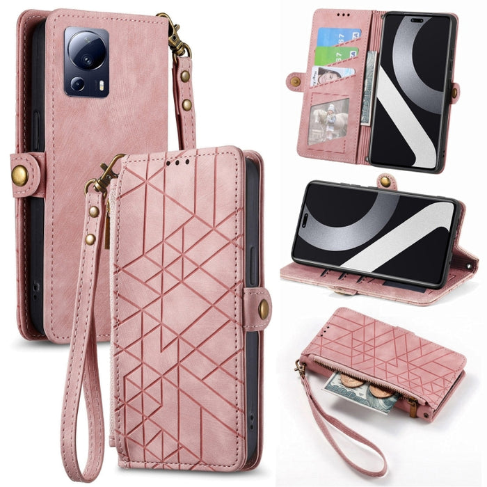 Estuche de teléfono de cuero con hebilla lateral de billetera con cremallera geométrica, For Redmi Note 13 Pro 4G, For Redmi Note 13 4G, For Redmi Note 13 5G Global, For Redmi Note 13 Pro 5G Global, For Xiaomi F5 5G, For Xiaomi F5 Pro 5G               ...