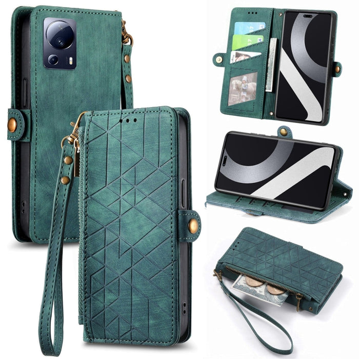 Estuche de teléfono de cuero con hebilla lateral de billetera con cremallera geométrica, For Redmi Note 13 Pro 4G, For Redmi Note 13 4G, For Redmi Note 13 5G Global, For Redmi Note 13 Pro 5G Global, For Xiaomi F5 5G, For Xiaomi F5 Pro 5G               ...