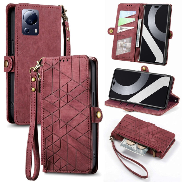 Estuche de teléfono de cuero con hebilla lateral de billetera con cremallera geométrica, For Redmi Note 13 Pro 4G, For Redmi Note 13 4G, For Redmi Note 13 5G Global, For Redmi Note 13 Pro 5G Global, For Xiaomi F5 5G, For Xiaomi F5 Pro 5G               ...