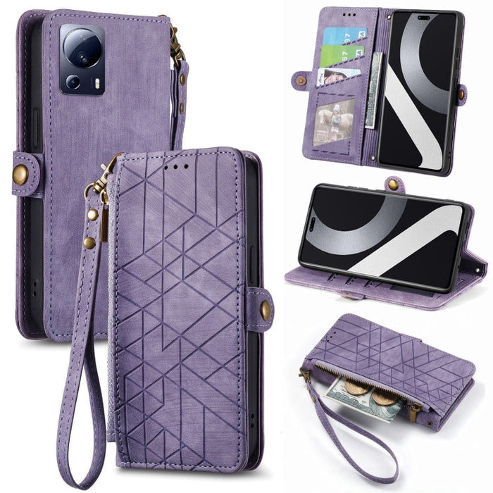 Estuche de teléfono de cuero con hebilla lateral de billetera con cremallera geométrica, For Redmi Note 13 Pro 4G, For Redmi Note 13 4G, For Redmi Note 13 5G Global, For Redmi Note 13 Pro 5G Global, For Xiaomi F5 5G, For Xiaomi F5 Pro 5G               ...