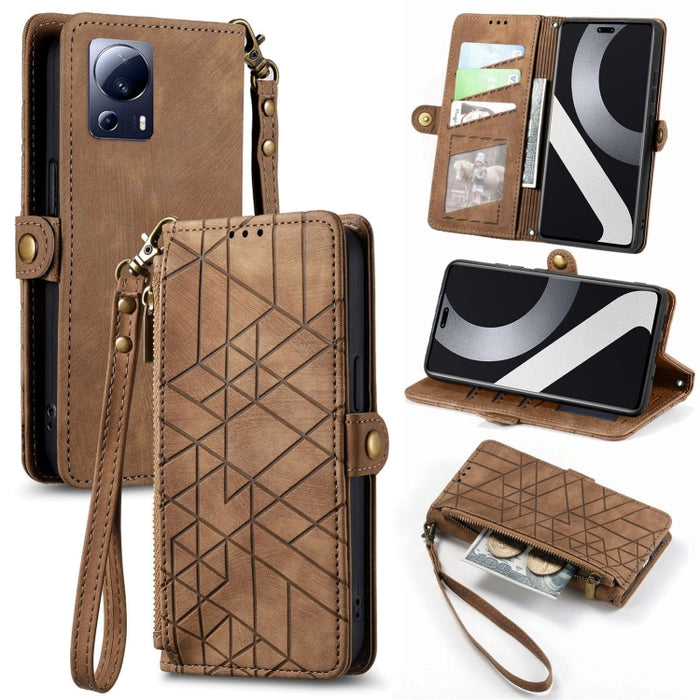 Estuche de teléfono de cuero con hebilla lateral de billetera con cremallera geométrica, For Redmi Note 13 Pro 4G, For Redmi Note 13 4G, For Redmi Note 13 5G Global, For Redmi Note 13 Pro 5G Global, For Xiaomi F5 5G, For Xiaomi F5 Pro 5G               ...