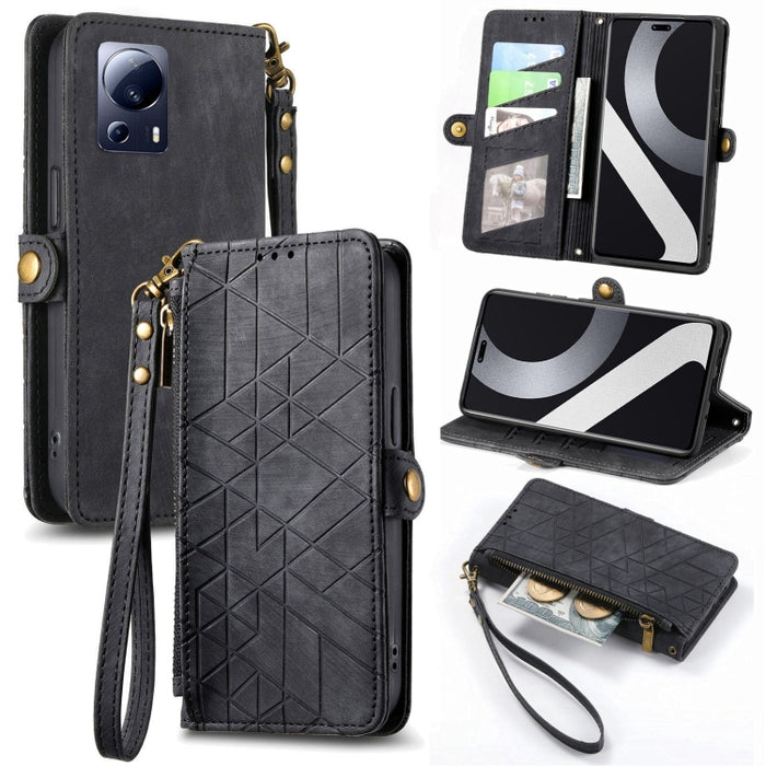 Estuche de teléfono de cuero con hebilla lateral de billetera con cremallera geométrica, For Redmi Note 13 Pro 4G, For Redmi Note 13 4G, For Redmi Note 13 5G Global, For Redmi Note 13 Pro 5G Global, For Xiaomi F5 5G, For Xiaomi F5 Pro 5G               ...