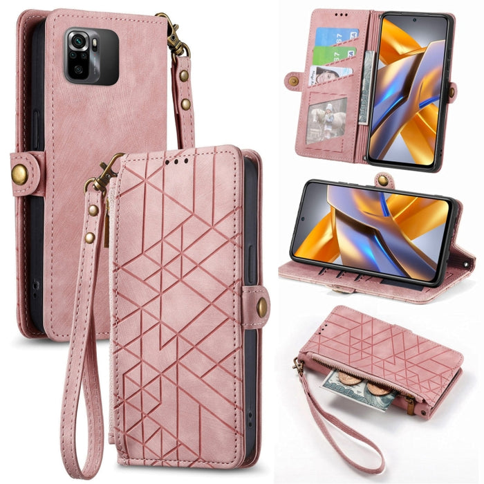 Estuche de teléfono de cuero con hebilla lateral de billetera con cremallera geométrica, For Redmi Note 13 Pro 4G, For Redmi Note 13 4G, For Redmi Note 13 5G Global, For Redmi Note 13 Pro 5G Global, For Xiaomi F5 5G, For Xiaomi F5 Pro 5G               ...
