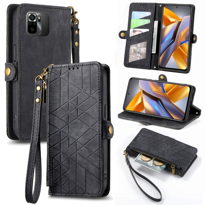 Estuche de teléfono de cuero con hebilla lateral de billetera con cremallera geométrica, For Redmi Note 13 Pro 4G, For Redmi Note 13 4G, For Redmi Note 13 5G Global, For Redmi Note 13 Pro 5G Global, For Xiaomi F5 5G, For Xiaomi F5 Pro 5G               ...