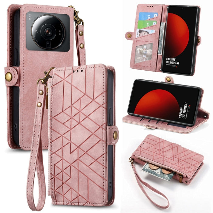 Estuche de teléfono de cuero con hebilla lateral de billetera con cremallera geométrica, For Redmi Note 13 Pro 4G, For Redmi Note 13 4G, For Redmi Note 13 5G Global, For Redmi Note 13 Pro 5G Global, For Xiaomi F5 5G, For Xiaomi F5 Pro 5G               ...