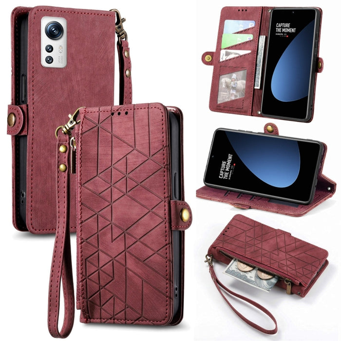 Estuche de teléfono de cuero con hebilla lateral de billetera con cremallera geométrica, For Xiaomi 12S Pro, For Xiaomi 12S, For Xiaomi Poco C40, For Xiaomi 12 Ultra, For Xiaomi 12, For Xiaomi 11T, For Xiaomi Poco X3 GT, For Xiaomi 11 Lite             ...