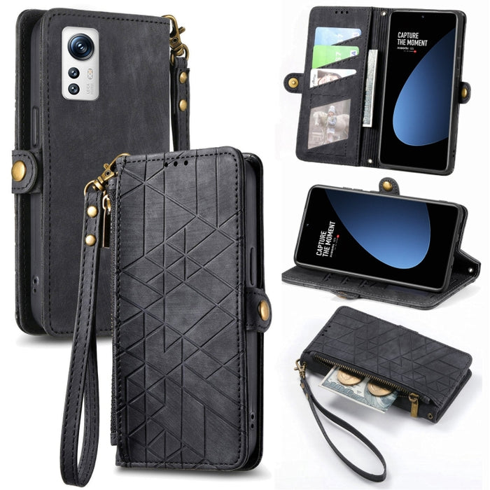Estuche de teléfono de cuero con hebilla lateral de billetera con cremallera geométrica, For Xiaomi 12S Pro, For Xiaomi 12S, For Xiaomi Poco C40, For Xiaomi 12 Ultra, For Xiaomi 12, For Xiaomi 11T, For Xiaomi Poco X3 GT, For Xiaomi 11 Lite             ...