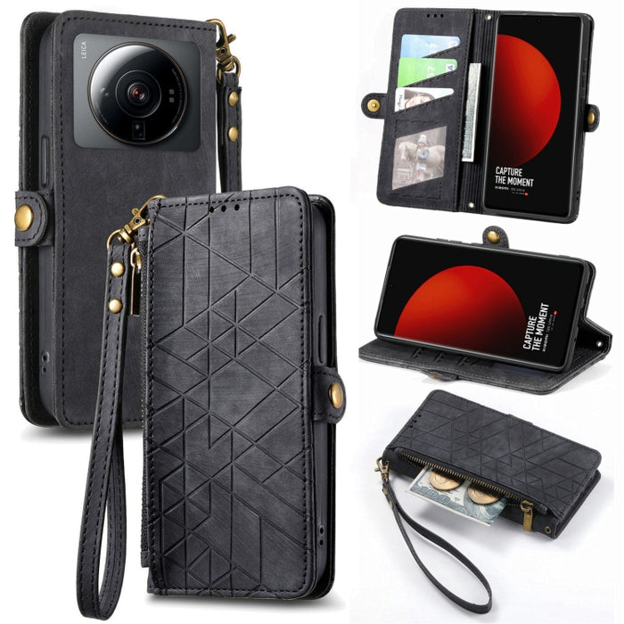 Estuche de teléfono de cuero con hebilla lateral de billetera con cremallera geométrica, For Xiaomi 12S Pro, For Xiaomi 12S, For Xiaomi Poco C40, For Xiaomi 12 Ultra, For Xiaomi 12, For Xiaomi 11T, For Xiaomi Poco X3 GT, For Xiaomi 11 Lite             ...